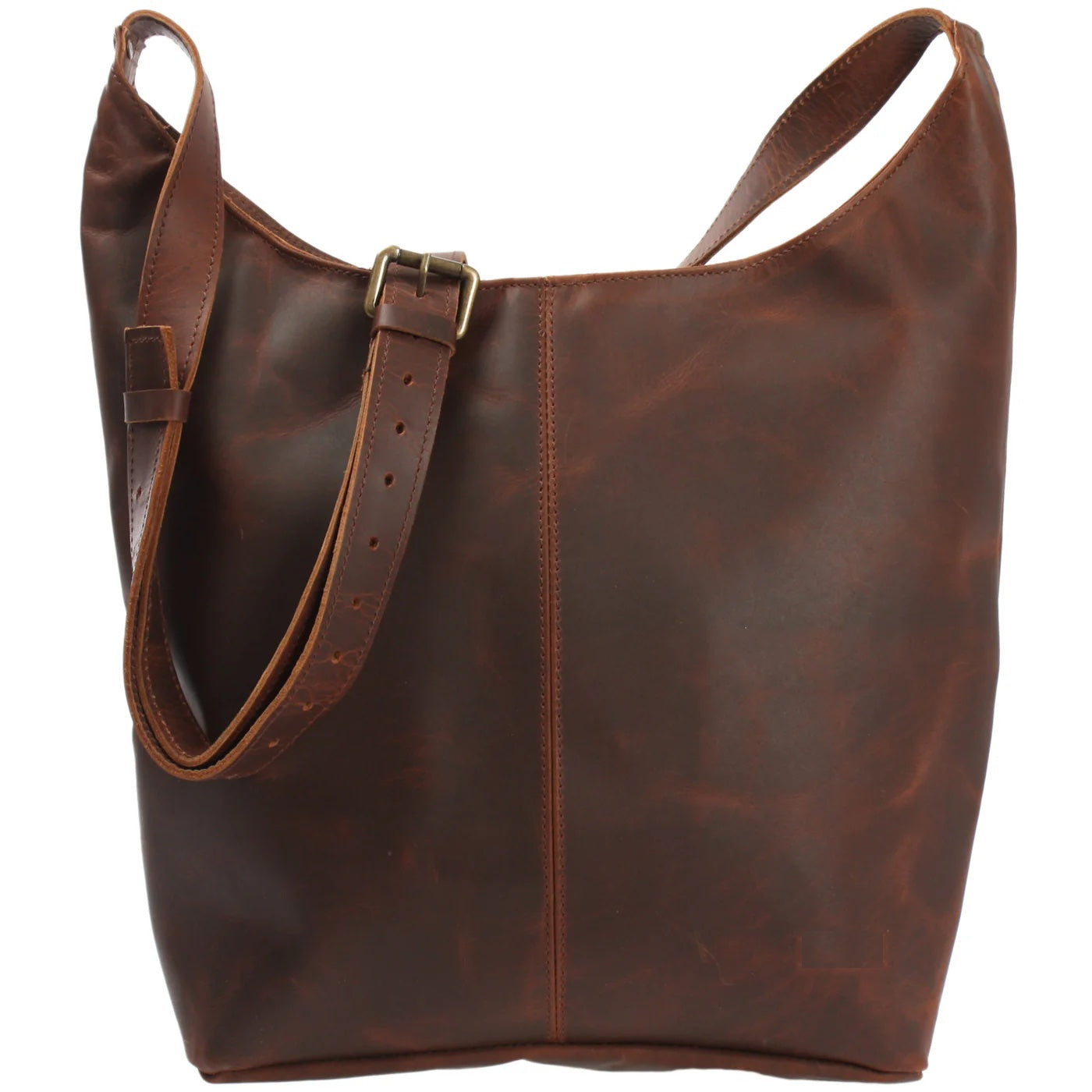 Brown Elaine waxed cowhide shoulder bag, front view with distressed finish and adjustable buckle strap
