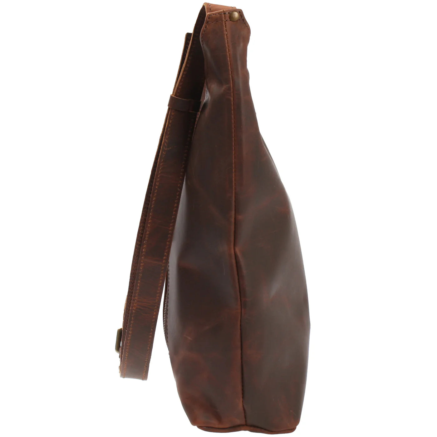 Brown Elaine leather shoulder bag, side view showing bag depth and adjustable strap