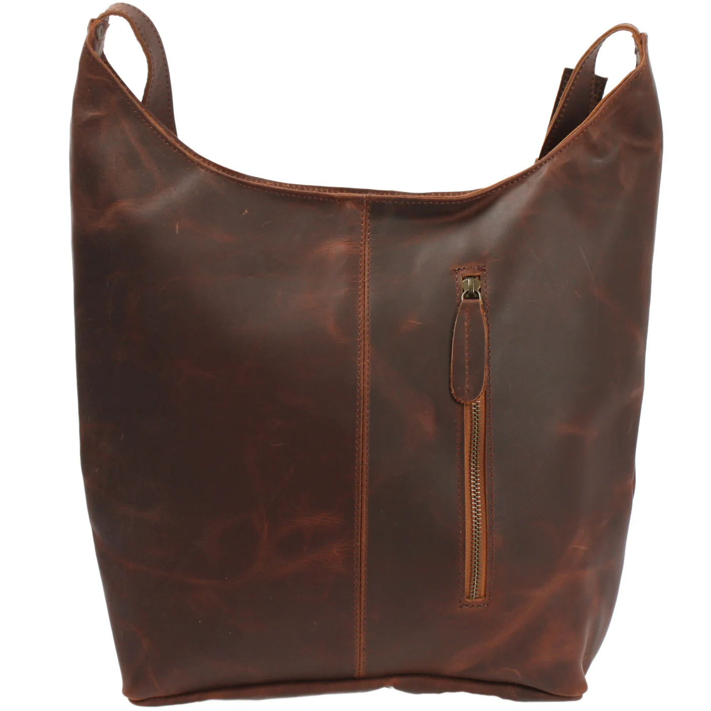 Brown Elaine leather shoulder bag, rear view with vertical zipper pocket and leather pull