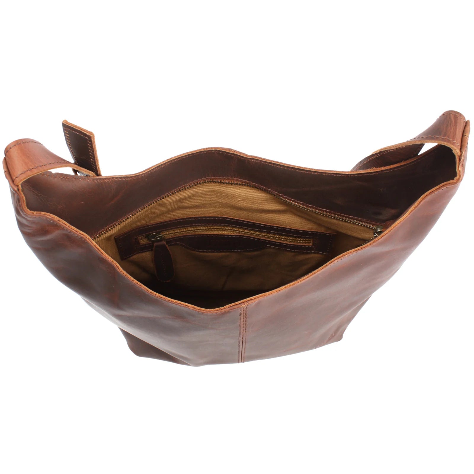 Open brown Elaine shoulder bag showing tan lining, interior zip pocket, and main zipper