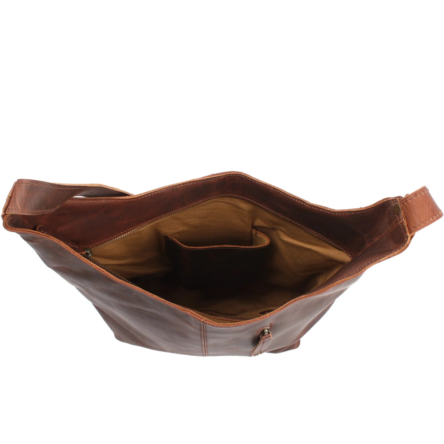 Open brown Elaine shoulder bag showing tan lining and smartphone slip pocket