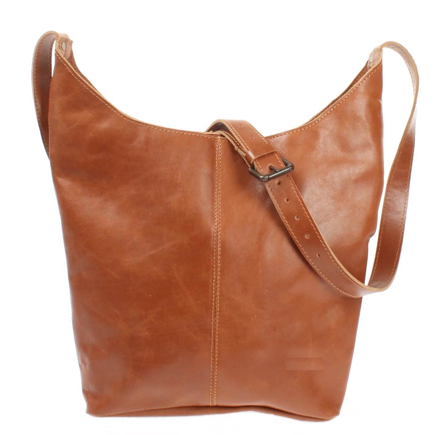 Cognac Elaine waxed cowhide shoulder bag, front view with center seam and adjustable buckle strap