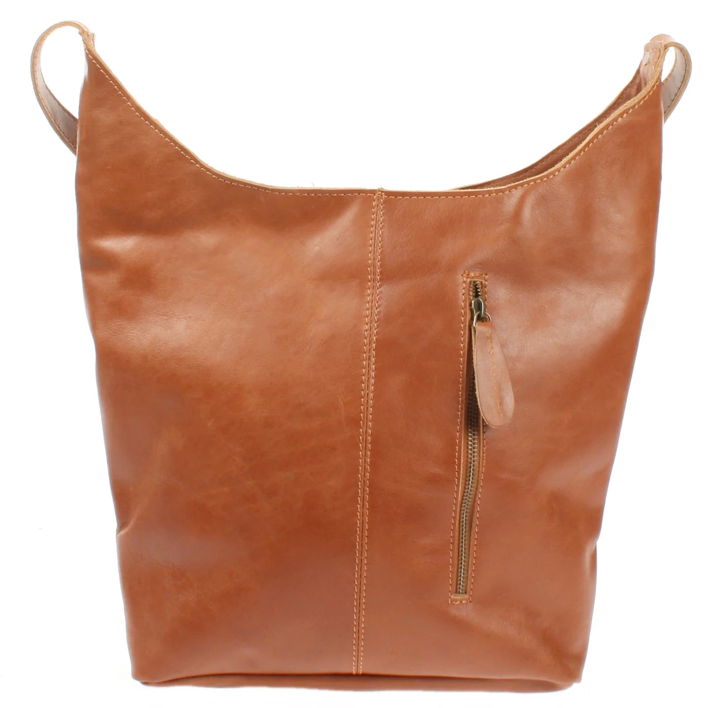 Cognac Elaine leather shoulder bag, rear view with vertical zipper pocket and leather pull