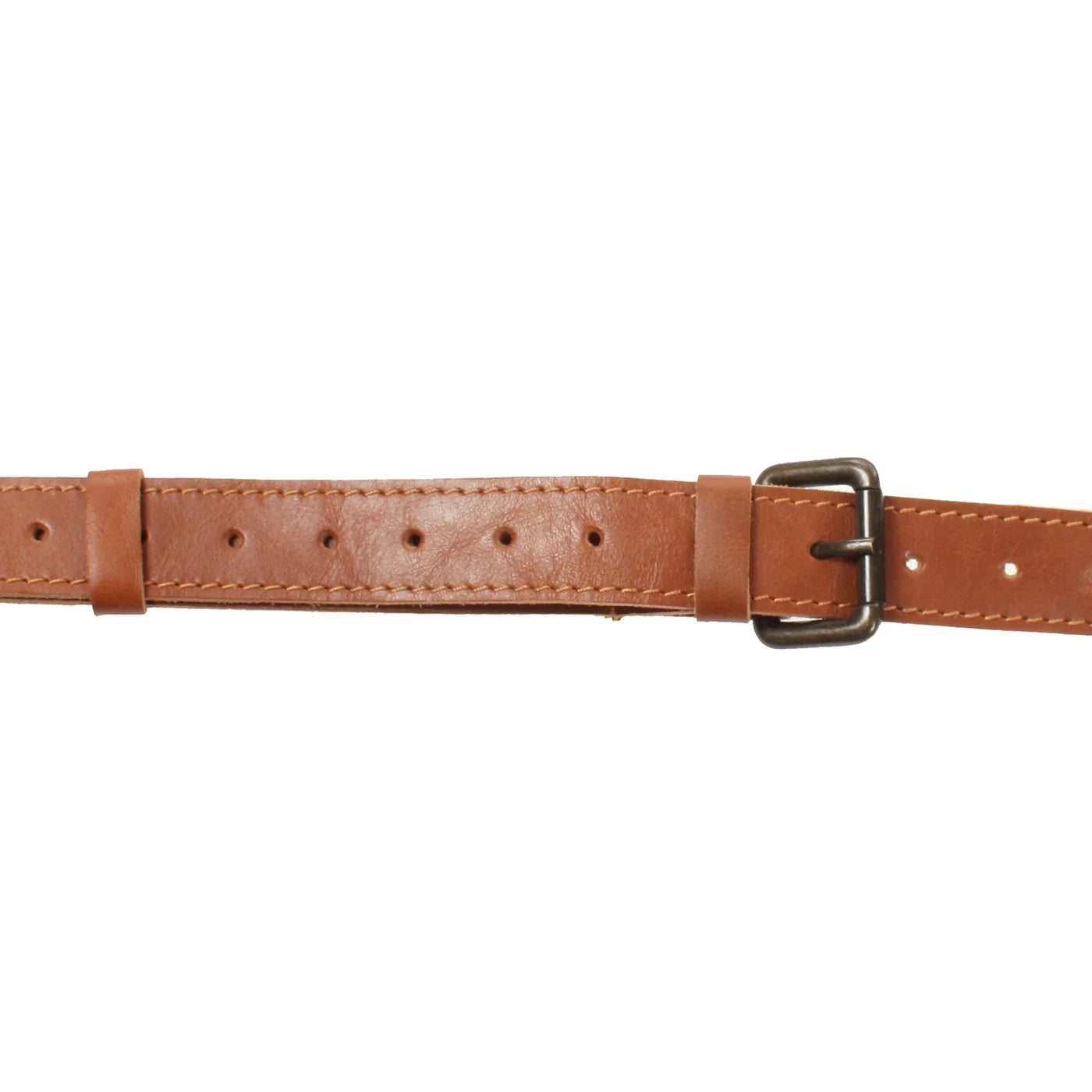 Close-up of cognac Elaine leather strap with adjustment holes, keeper loops, and metal buckle