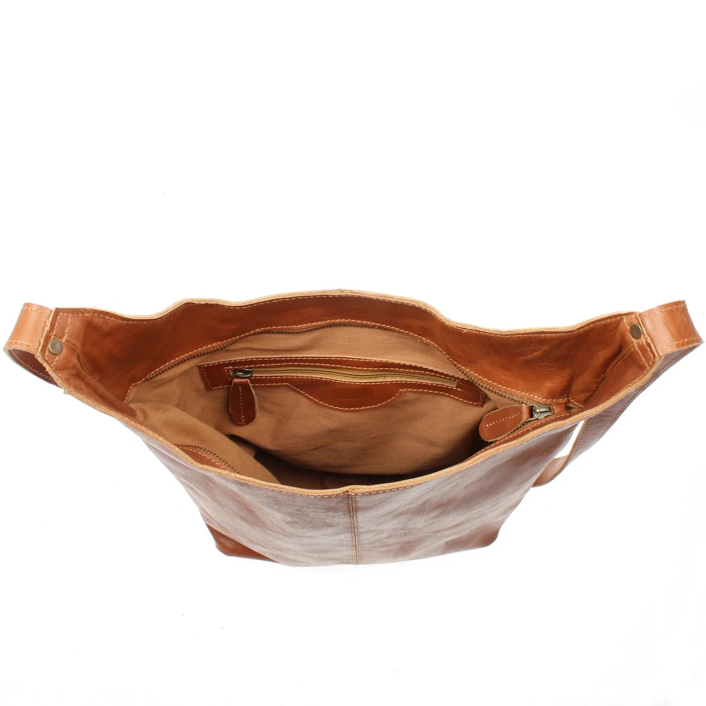Open cognac Elaine shoulder bag showing tan lining, interior zip pocket, and main zipper