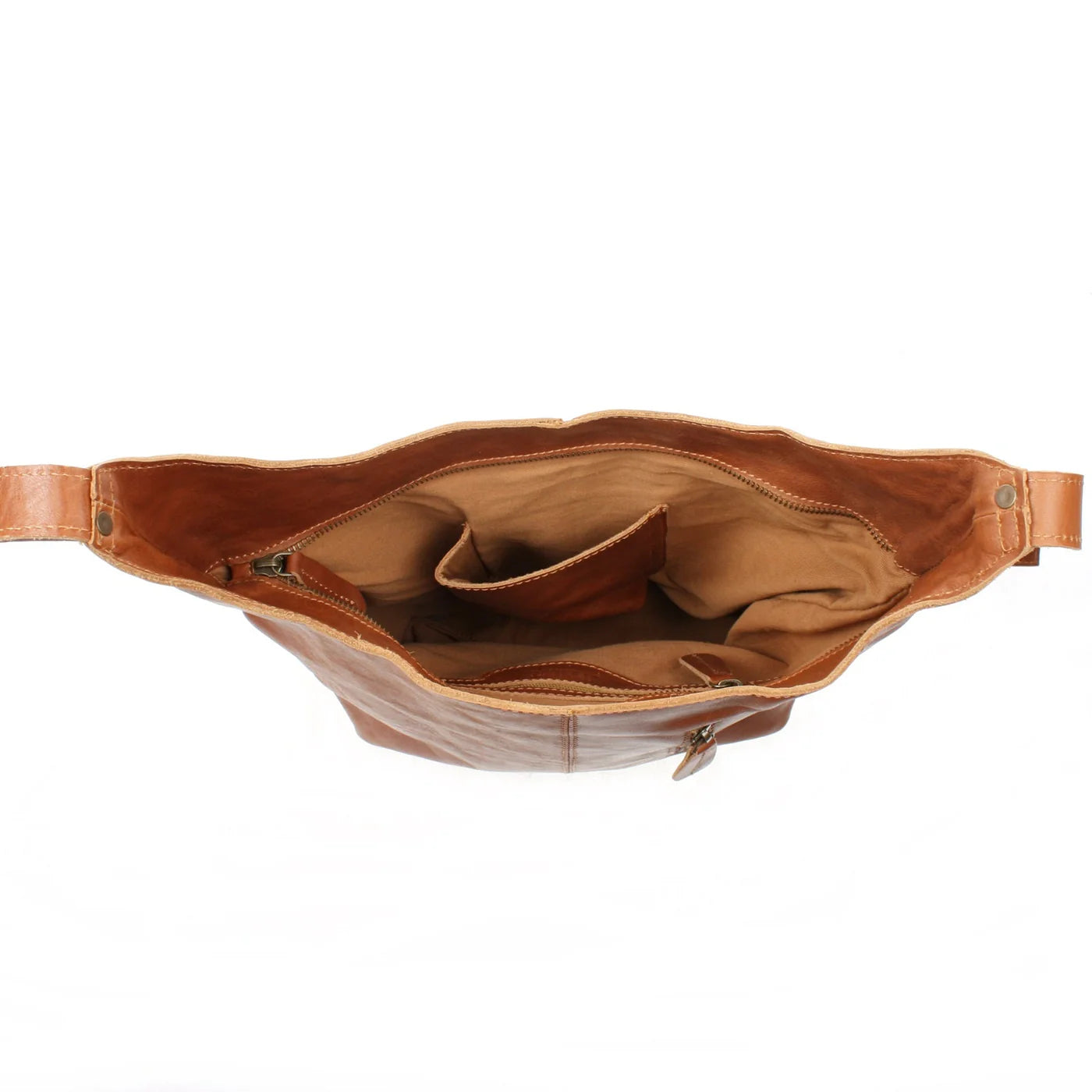 Open cognac Elaine shoulder bag showing tan lining and smartphone slip pocket