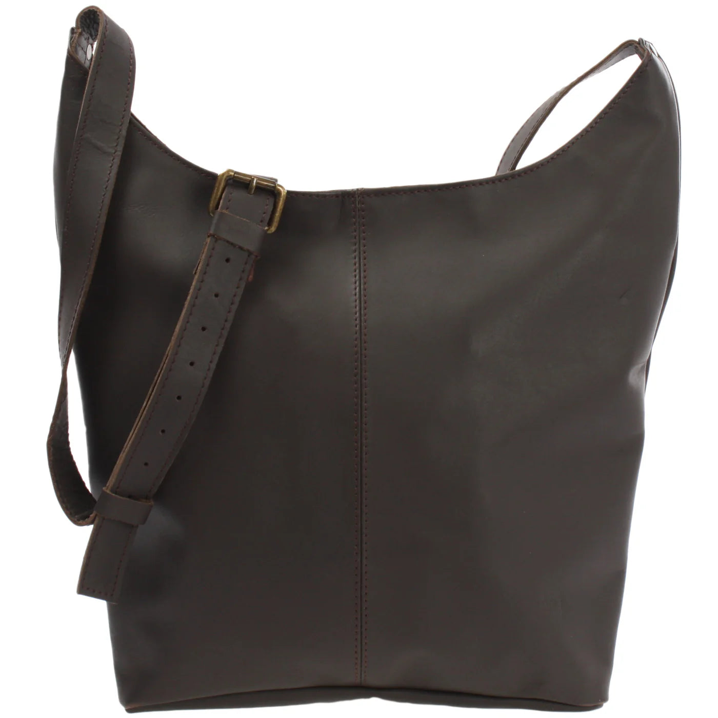 Dark brown Elaine waxed cowhide shoulder bag, front view with center seam and adjustable buckle strap