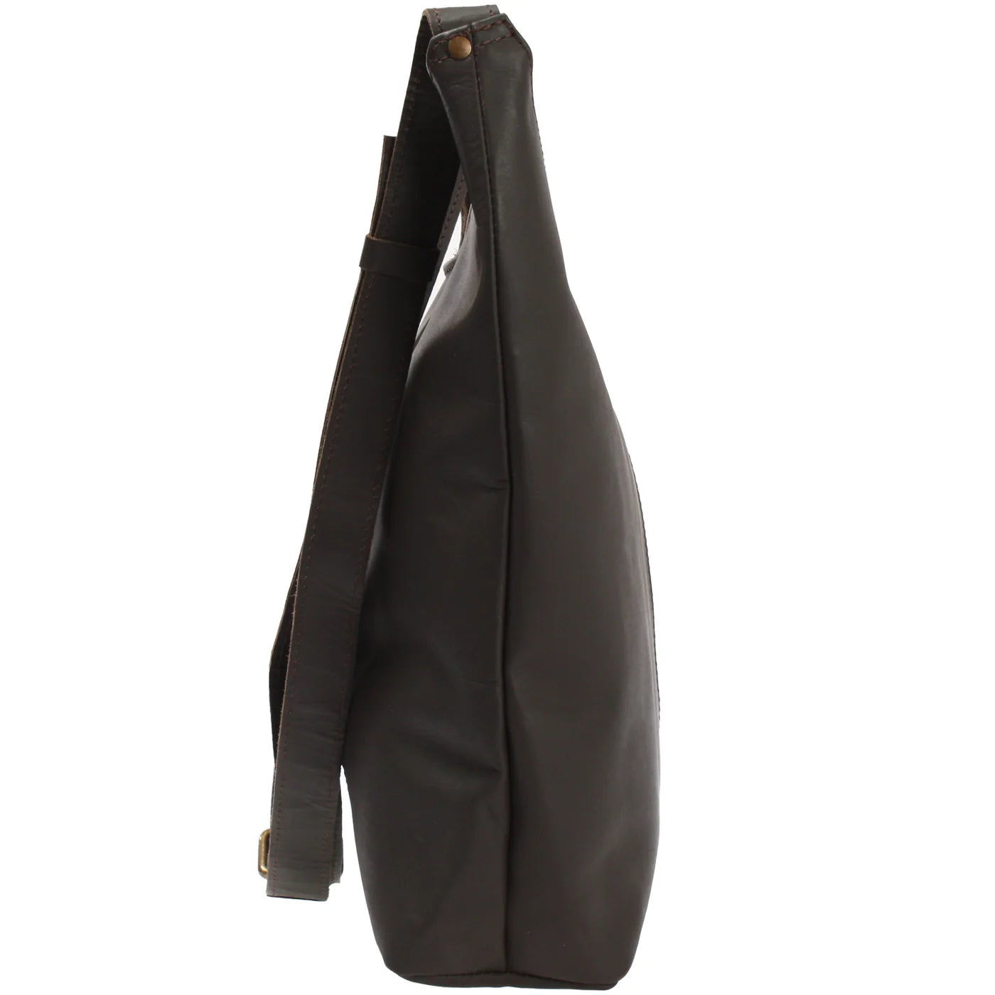 Dark brown Elaine leather shoulder bag, side view showing slim depth and adjustable strap