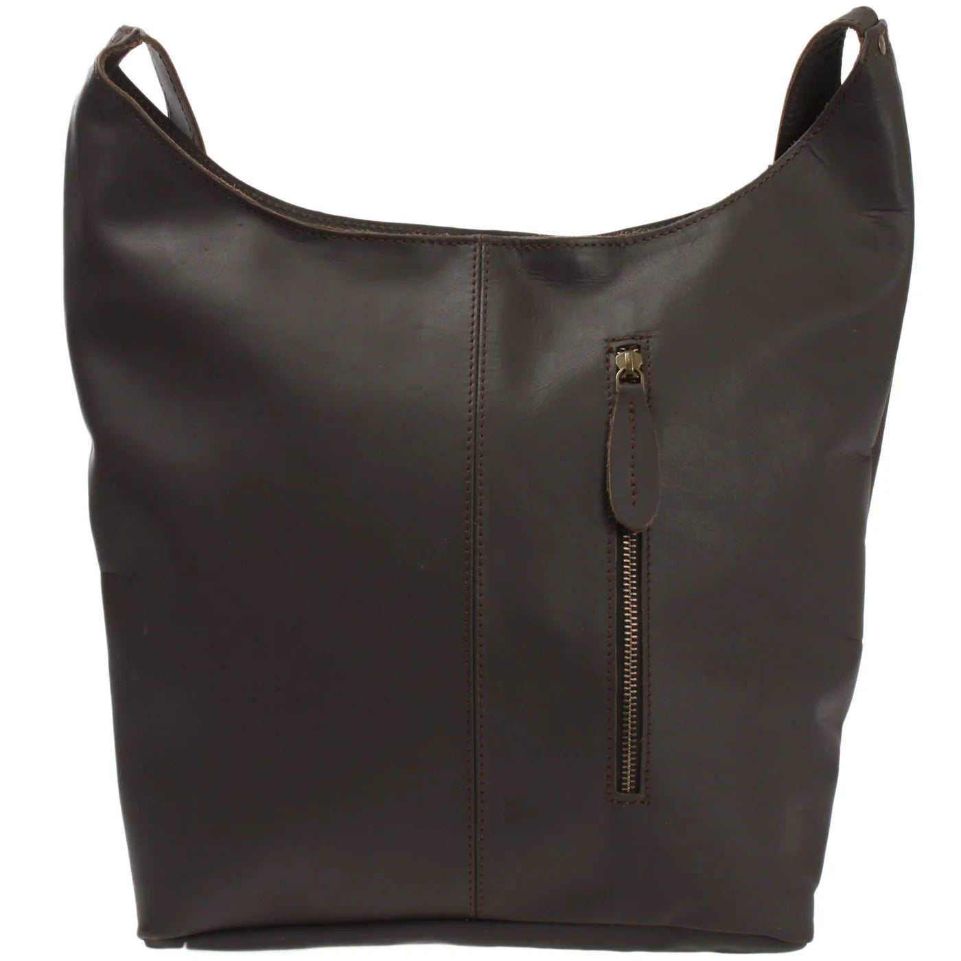 Dark brown Elaine leather shoulder bag, rear view with vertical zipper pocket and leather pull