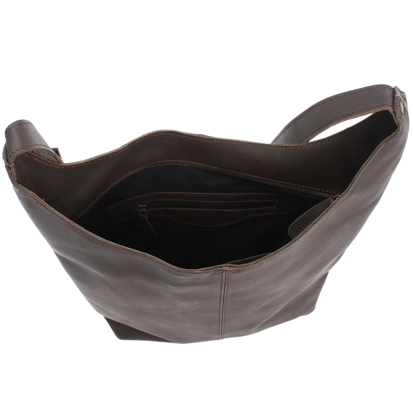 Open dark brown Elaine shoulder bag showing fabric lining, interior zip pocket, and main zipper