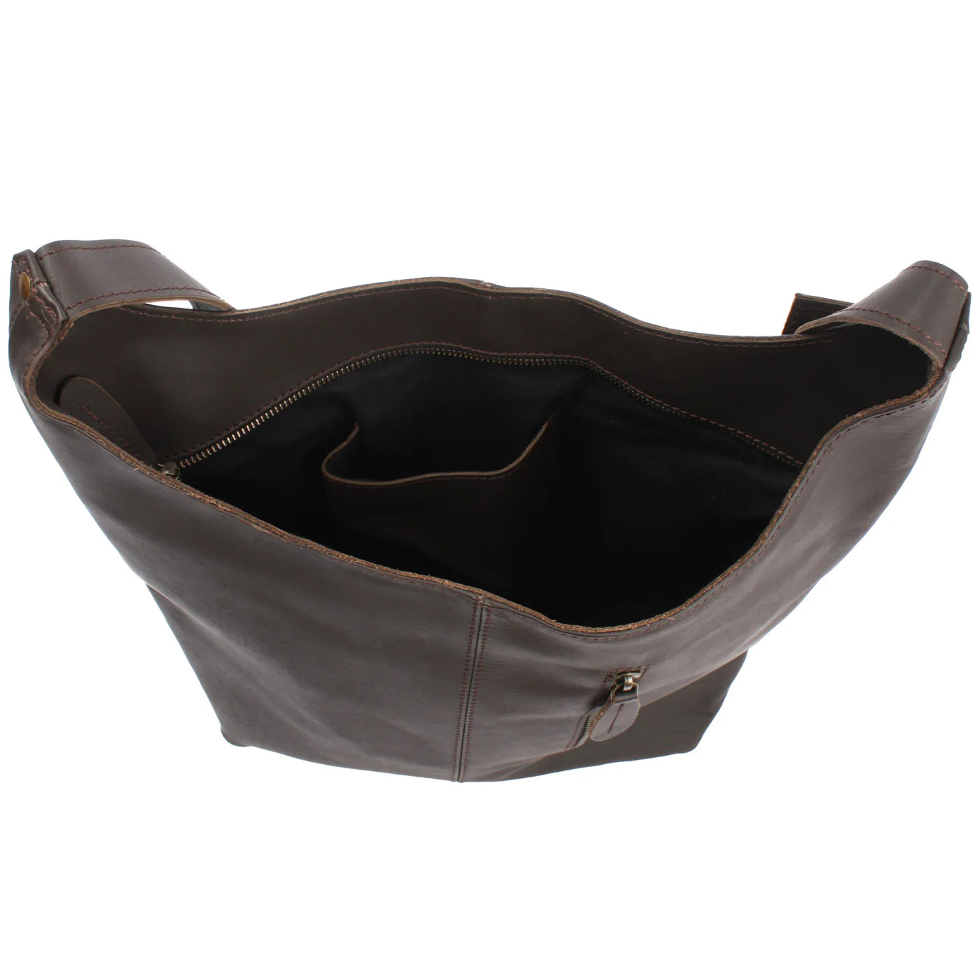 Open dark brown Elaine shoulder bag showing lined interior and smartphone slip pocket