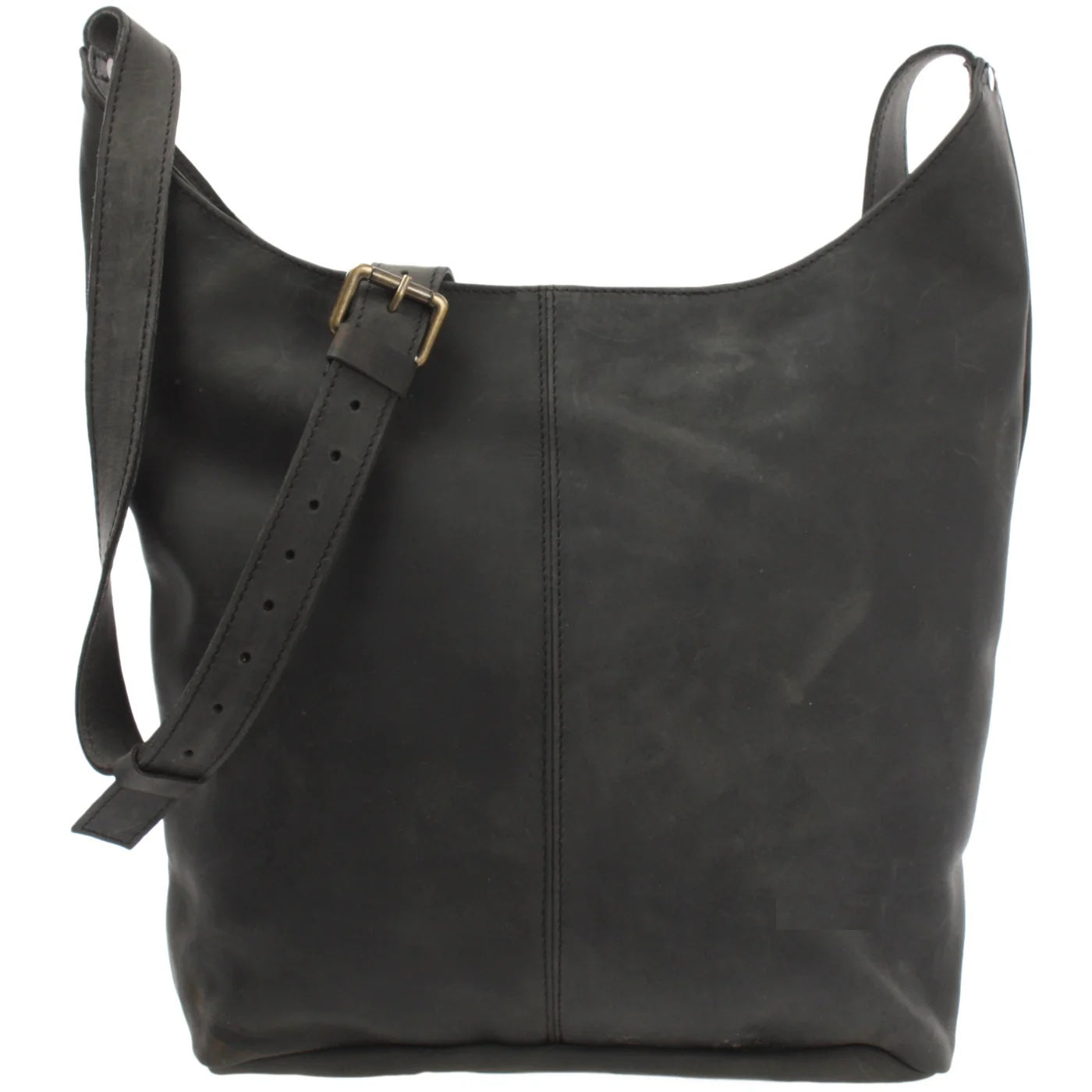 Gray Elaine waxed cowhide shoulder bag, front view with center seam and adjustable buckle strap