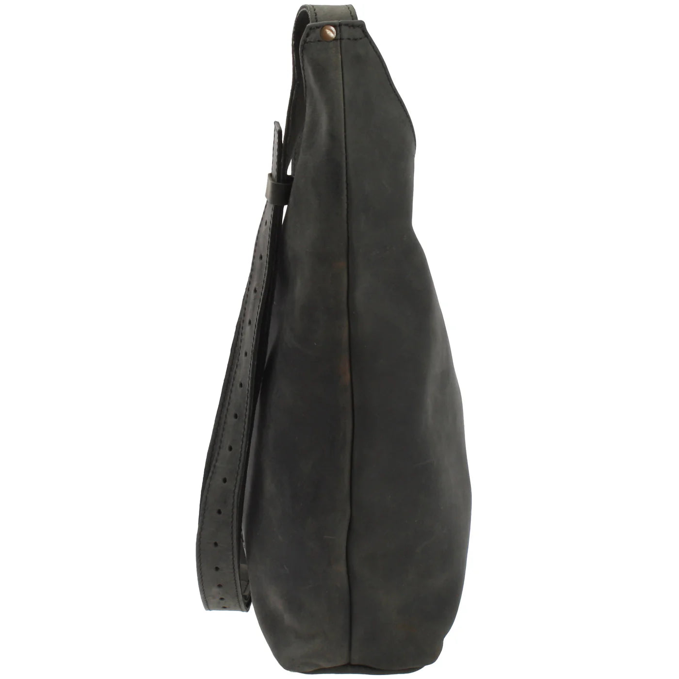 Gray Elaine leather shoulder bag, side view showing slim depth and adjustable strap