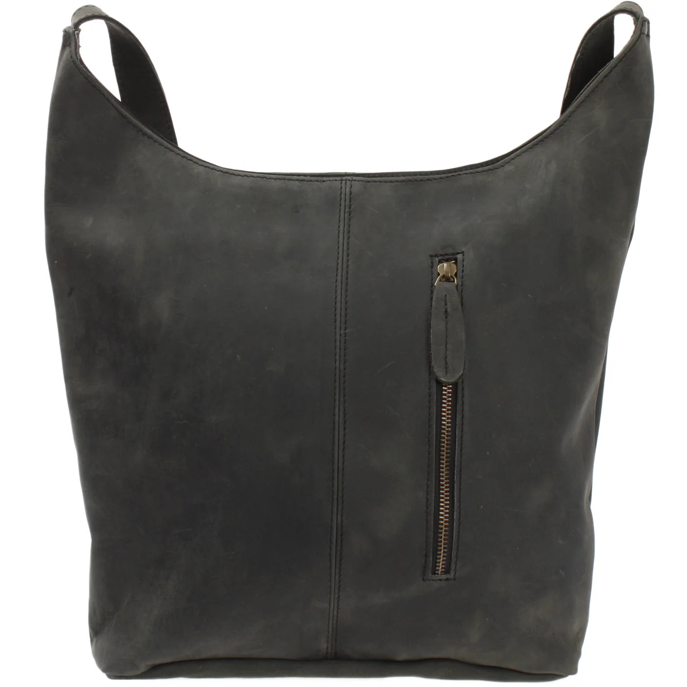 Gray Elaine leather shoulder bag, rear view with vertical zipper pocket and leather pull
