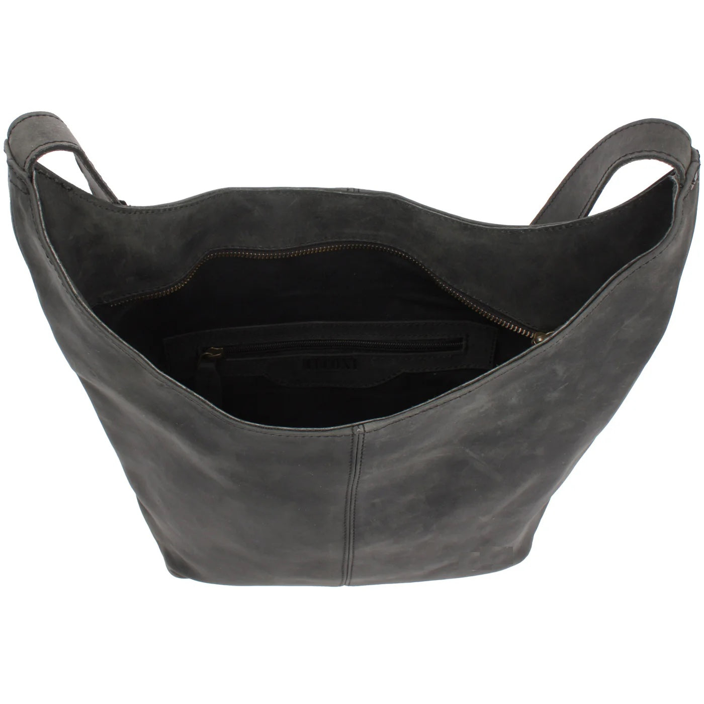 Open gray Elaine shoulder bag showing dark lining, interior zip pocket, and main zipper