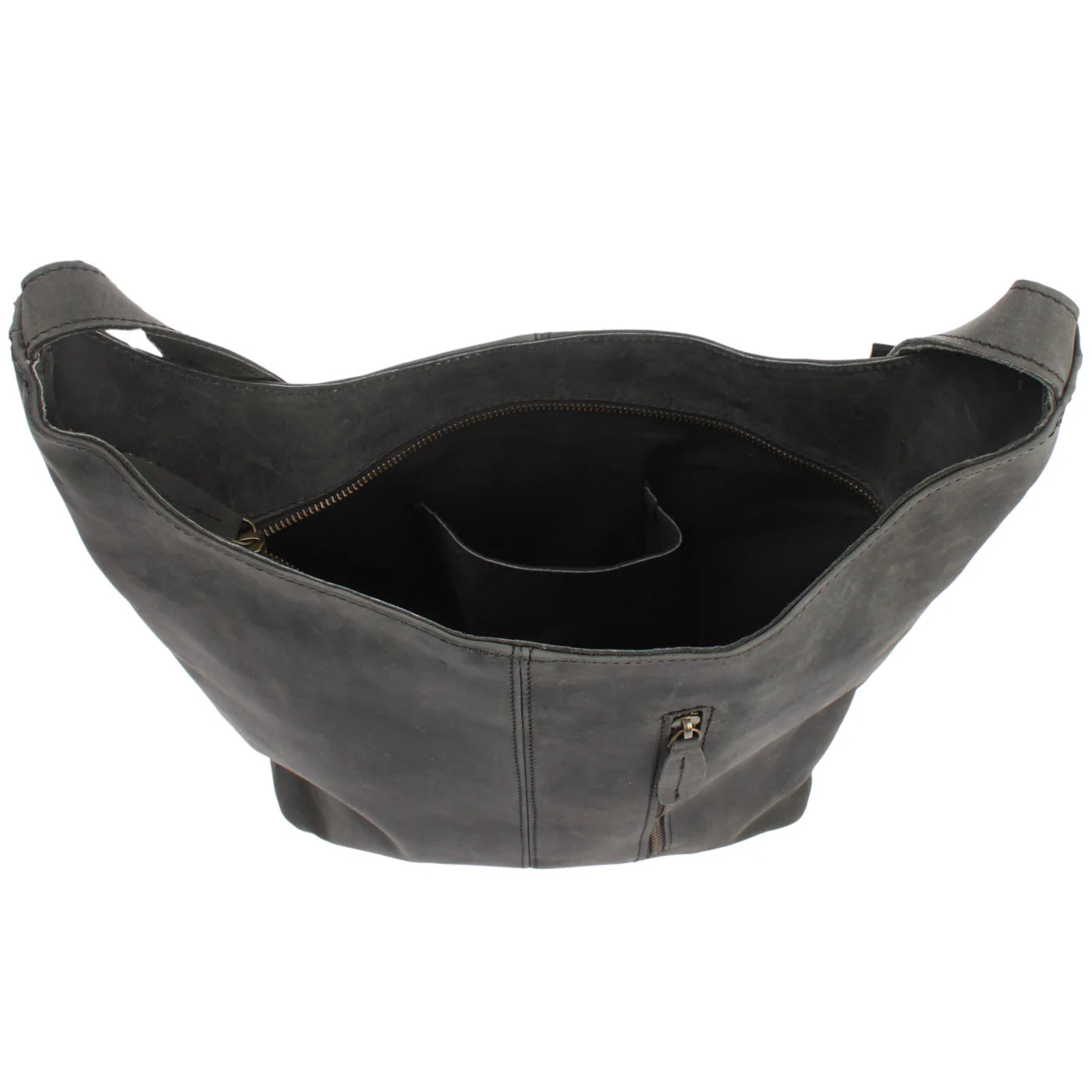 Open gray Elaine shoulder bag showing dark lining and smartphone slip pocket