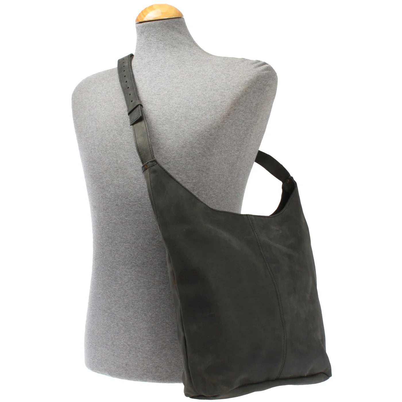 Gray Elaine waxed leather shoulder bag worn on a mannequin, showing size and adjustable strap