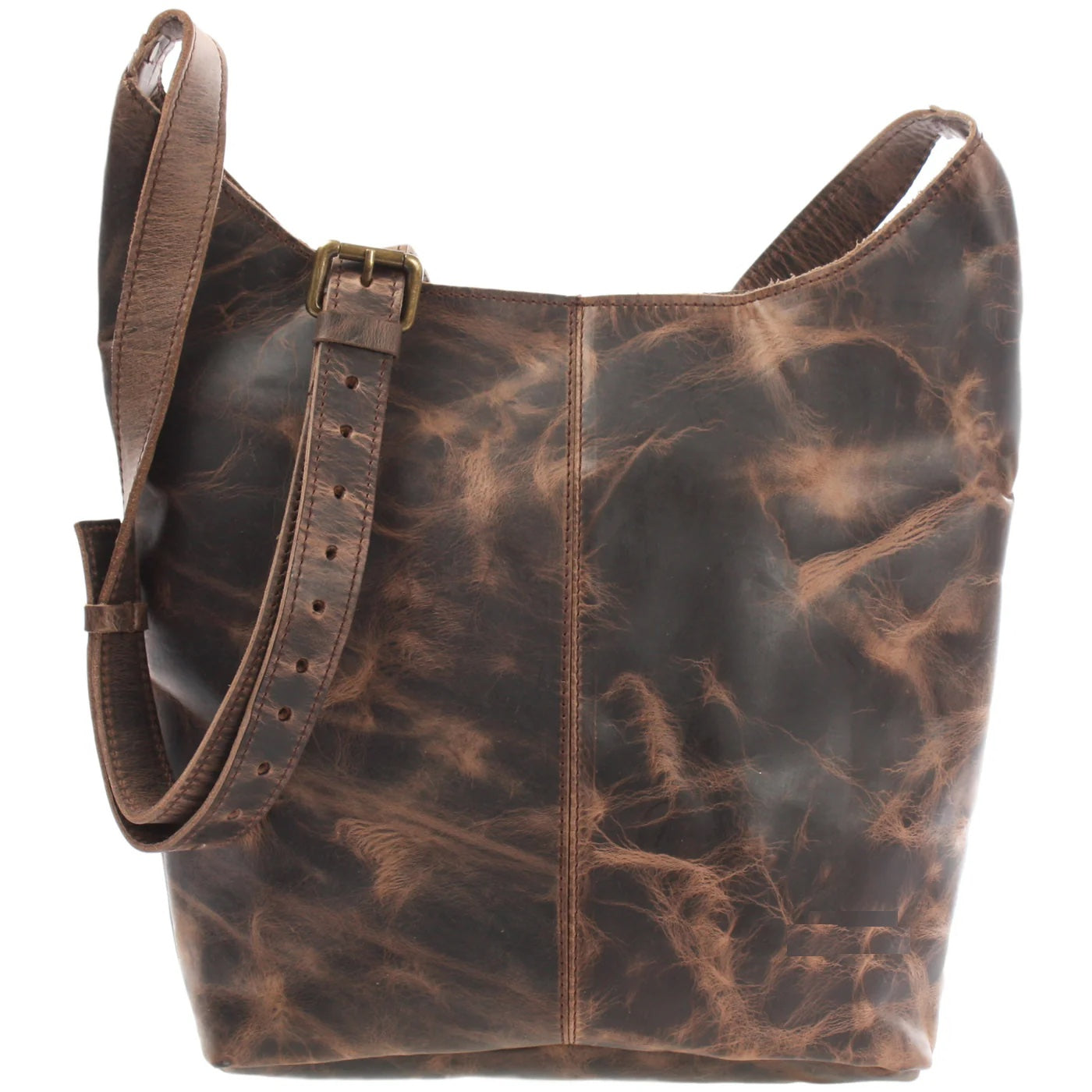 Mud brown Elaine waxed cowhide shoulder bag, front view with marbled finish and adjustable strap