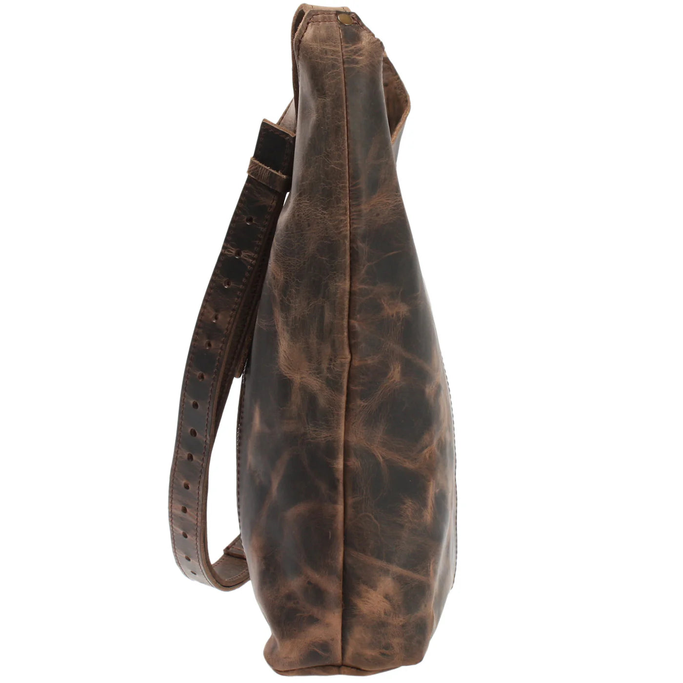 Mud brown Elaine leather shoulder bag, side view showing slim depth and marbled finish