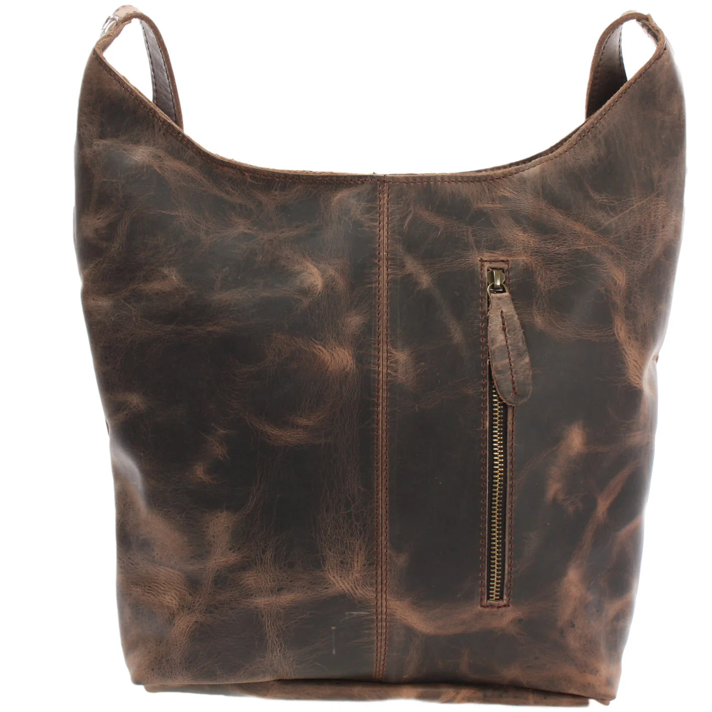 Mud brown Elaine leather shoulder bag, rear view with vertical zipper pocket and marbled finish