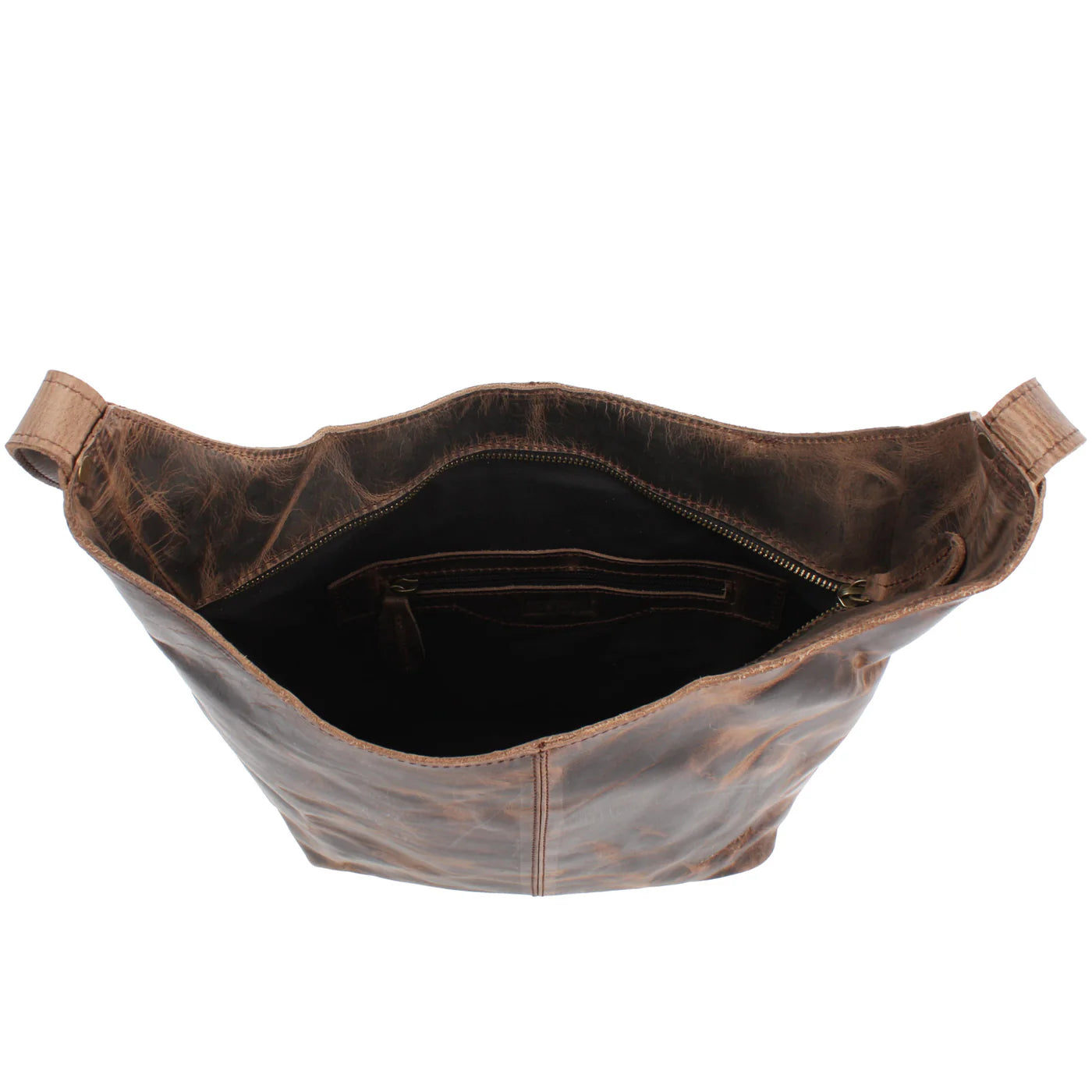 Open mud brown Elaine shoulder bag showing dark lining, interior zip pocket, and main zipper