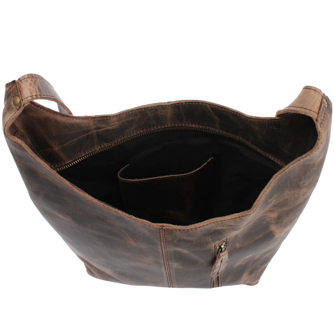 Open mud brown Elaine shoulder bag showing dark lining and smartphone slip pocket