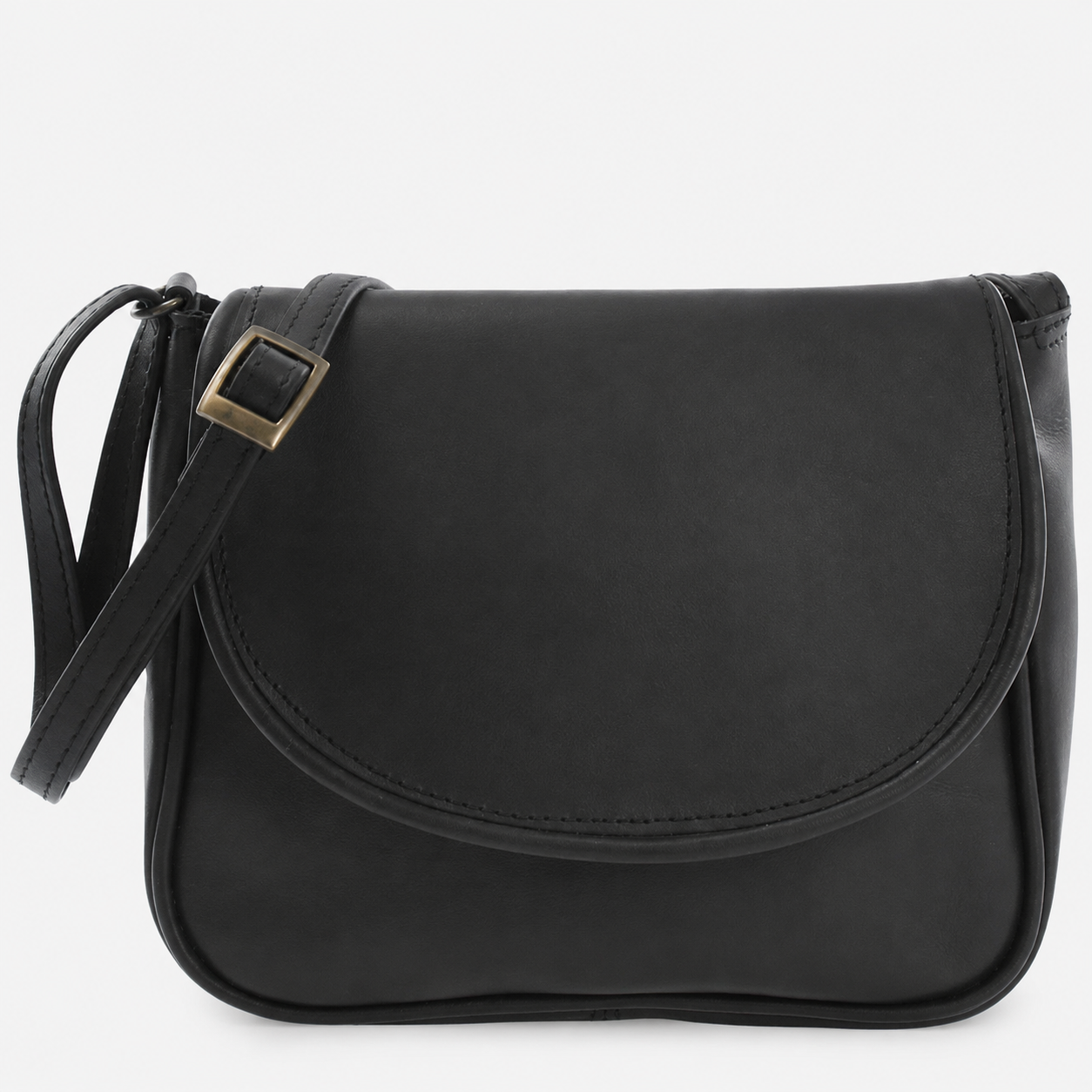 A black Cuiravo Elara suede crossbody bag with a curved flap, a gold-tone buckle, and a matching shoulder strap, shown against a plain white background.