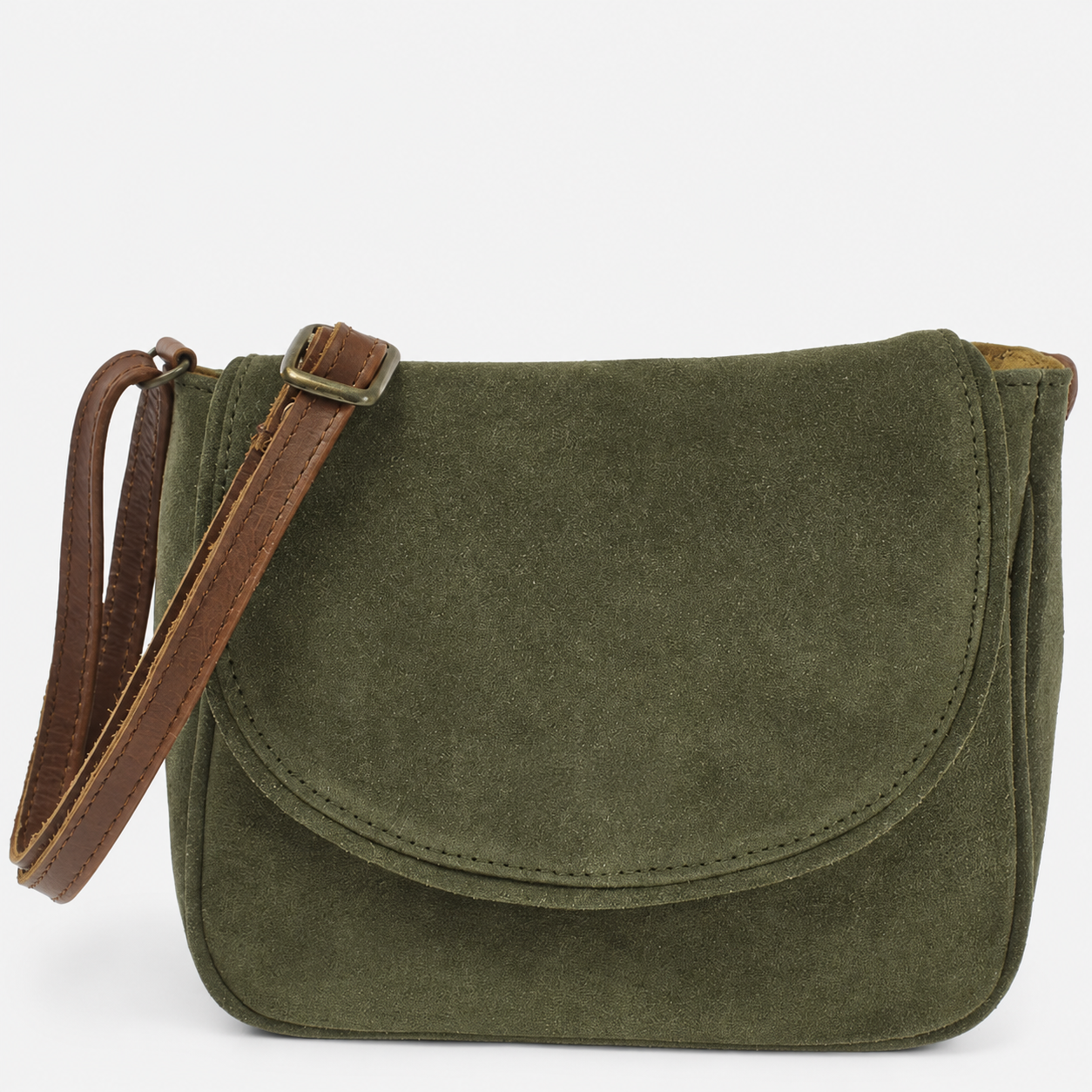 An olive green Cuiravo Elara suede crossbody bag with a brown leather strap, shown against a plain white background.