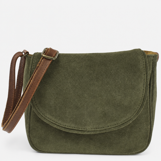 An olive green Cuiravo Elara suede crossbody bag with a brown leather strap, shown against a plain white background.