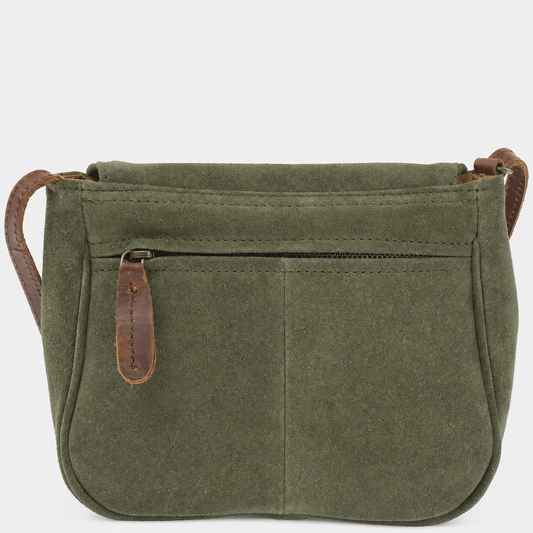 An olive green Cuiravo Elara suede shoulder bag rear view with brown leather trim and a front zippered pocket, shown against a plain white background.