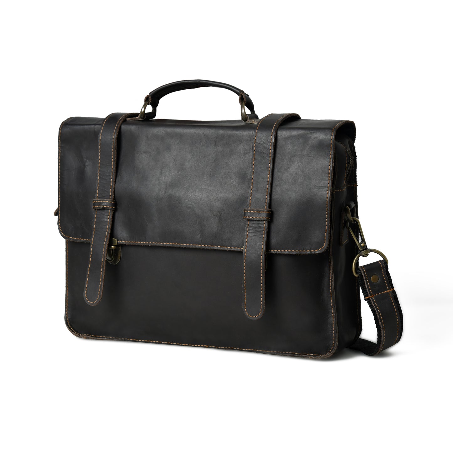 Waxed buffalo leather laptop briefcase in an angled front view with handles and hardware