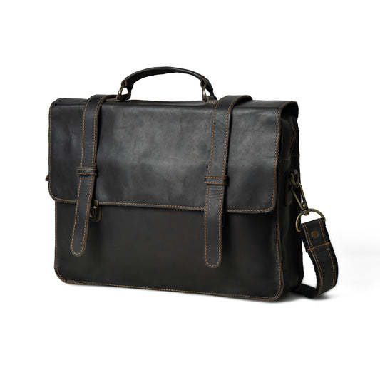 Waxed buffalo leather laptop briefcase in an angled front view with handles and hardware