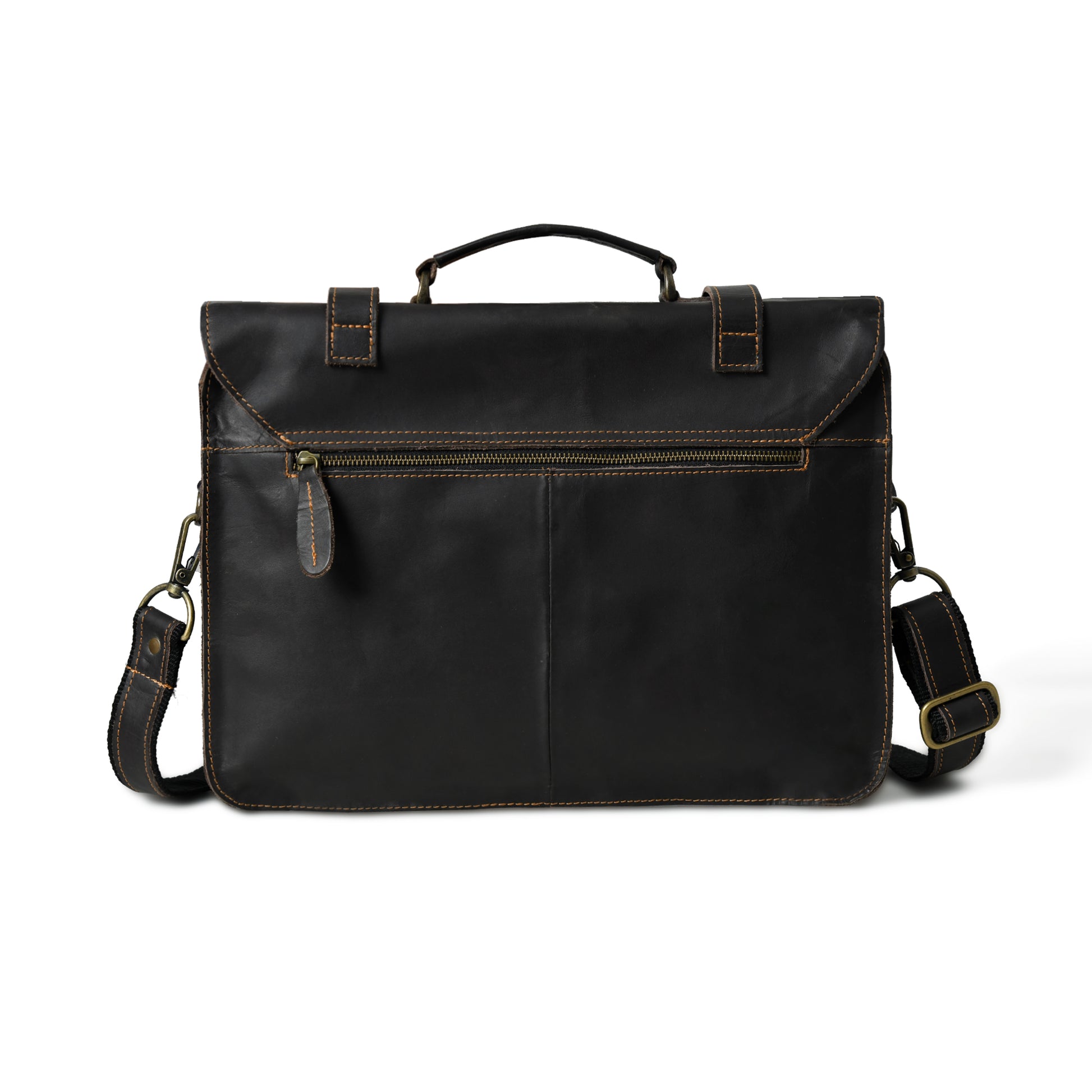 Rear view of waxed buffalo leather laptop briefcase showing the back panel and strap attachments