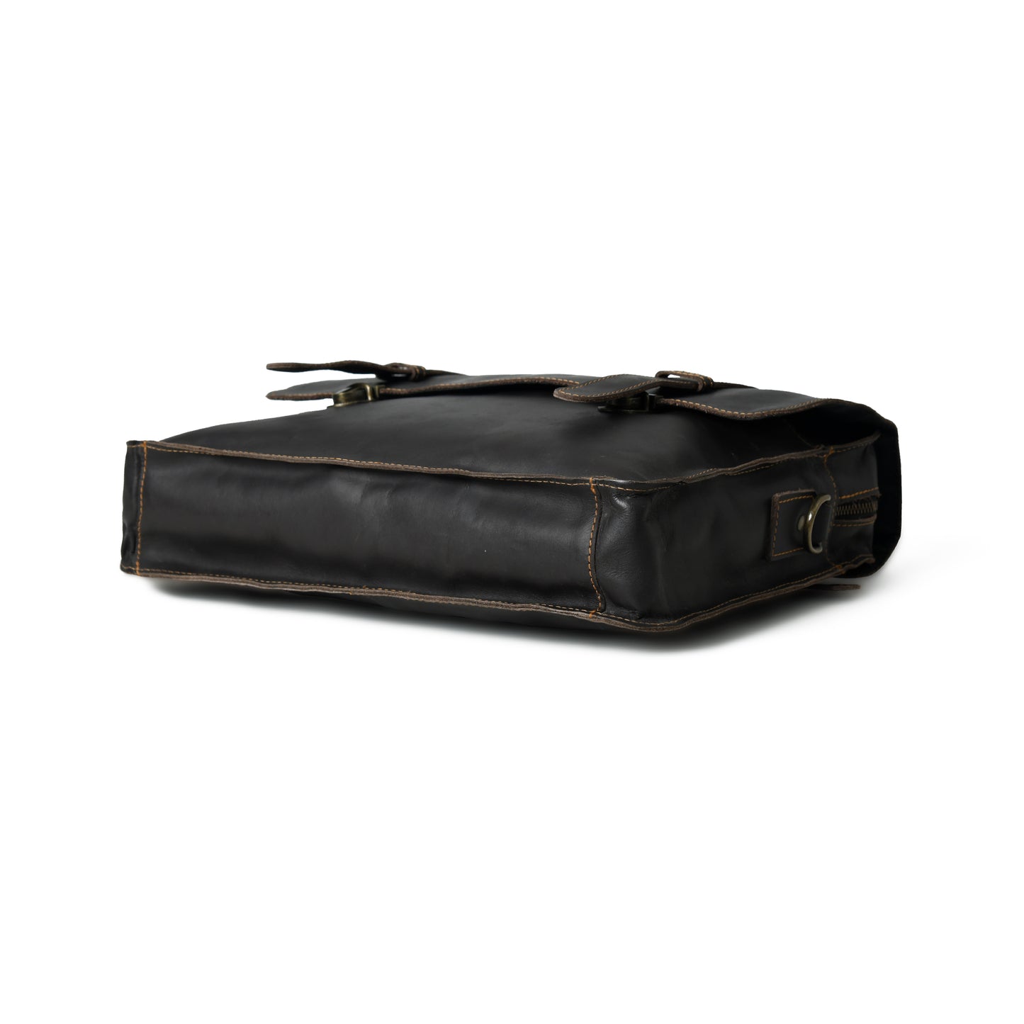 Bottom view of waxed buffalo leather laptop briefcase showing the reinforced base and edge stitching