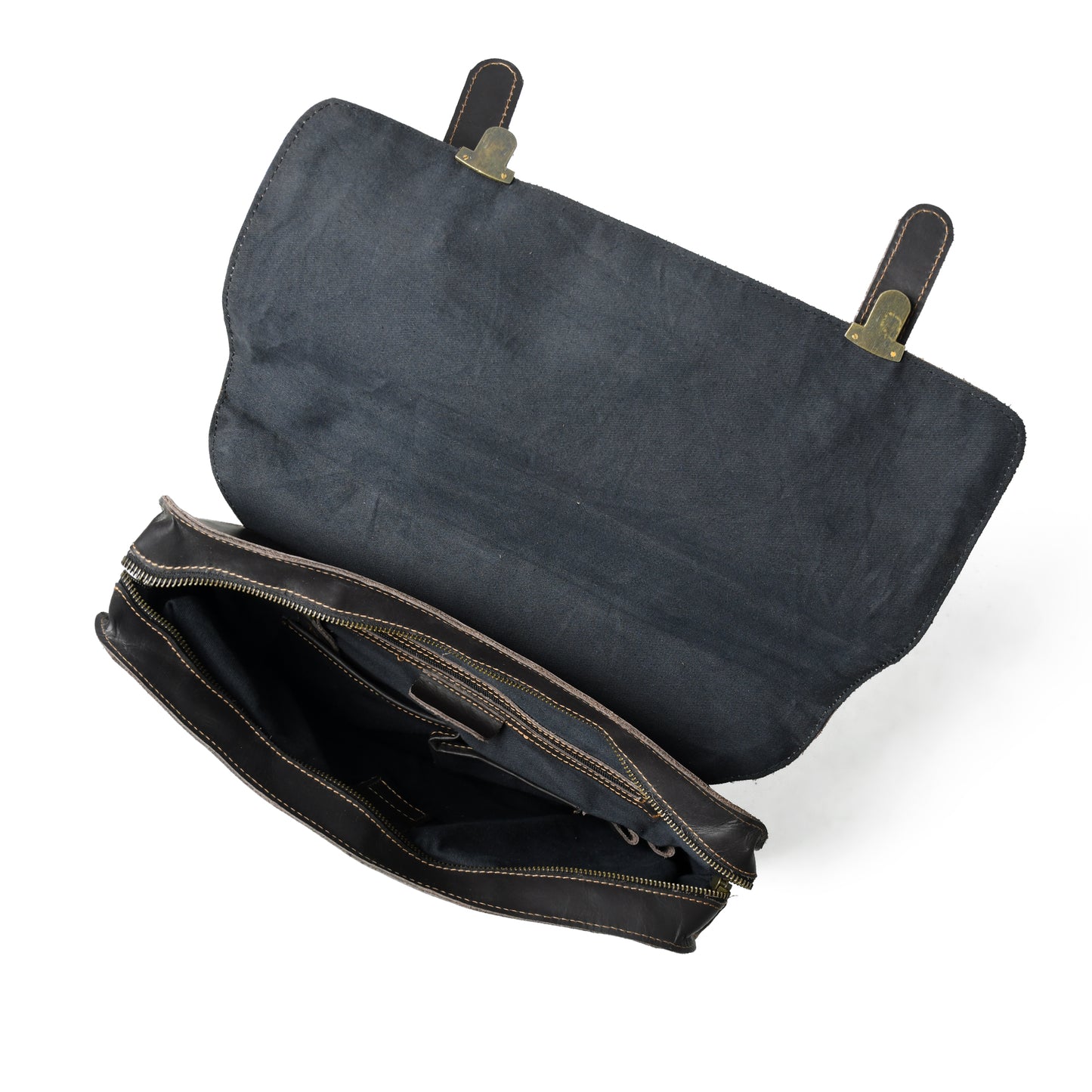 Open waxed buffalo leather laptop briefcase showing the lined interior and storage compartments