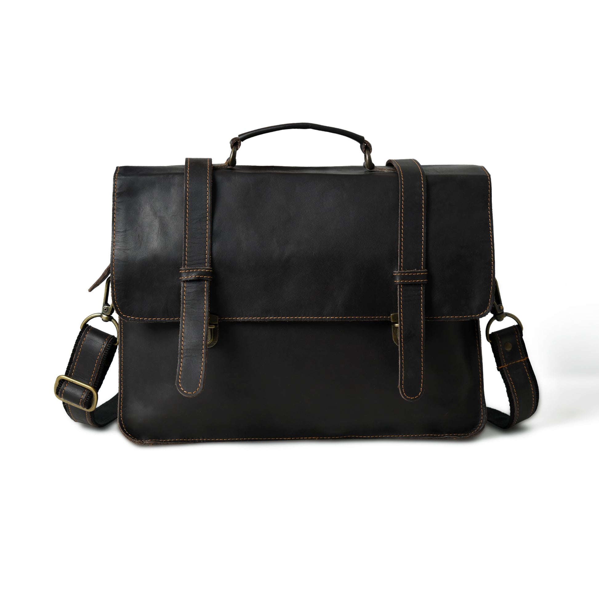 Front view of waxed buffalo leather laptop briefcase showing pockets, closure, and hardware