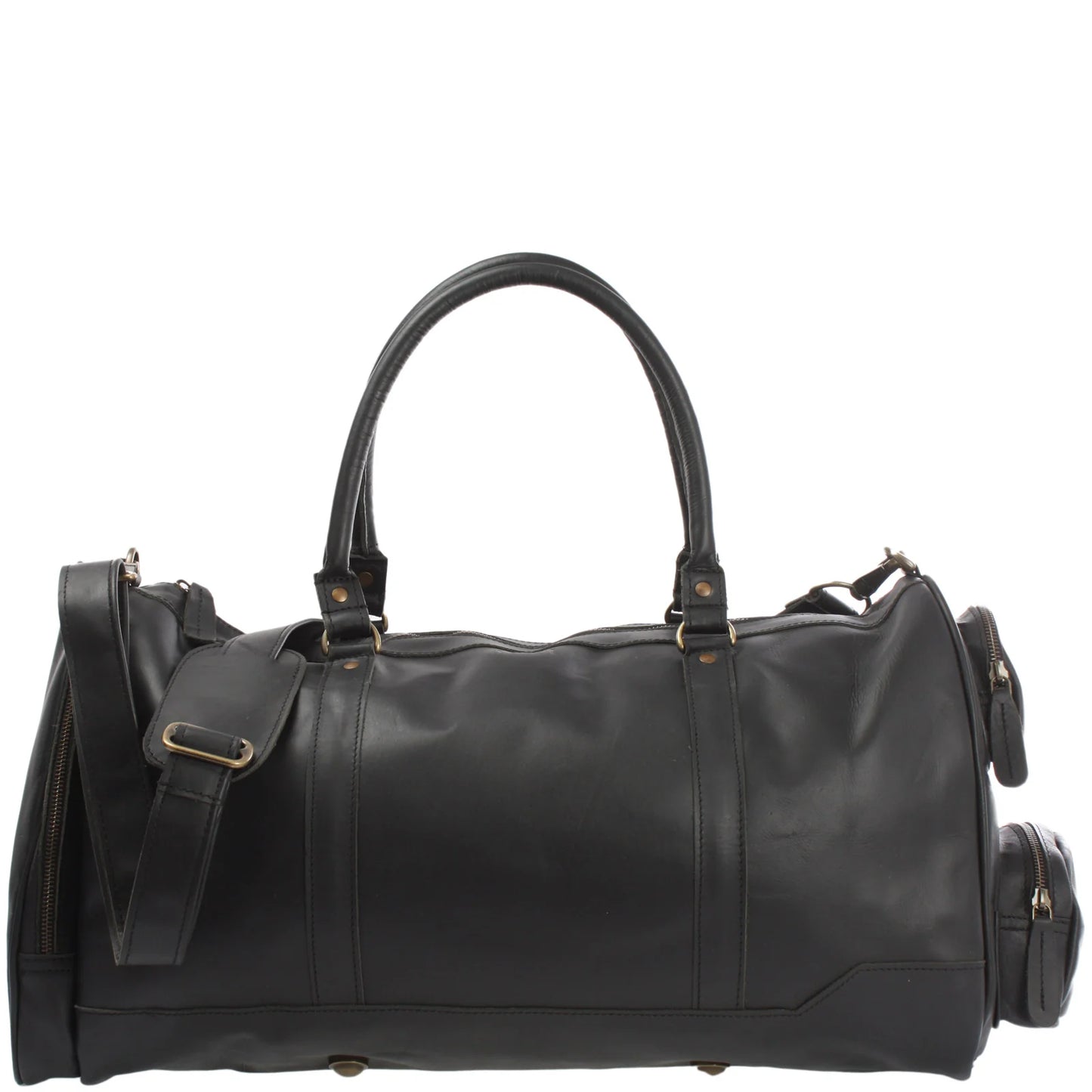 Black Heritage full-grain leather weekender duffel, front view with handles, side pockets, and shoulder strap