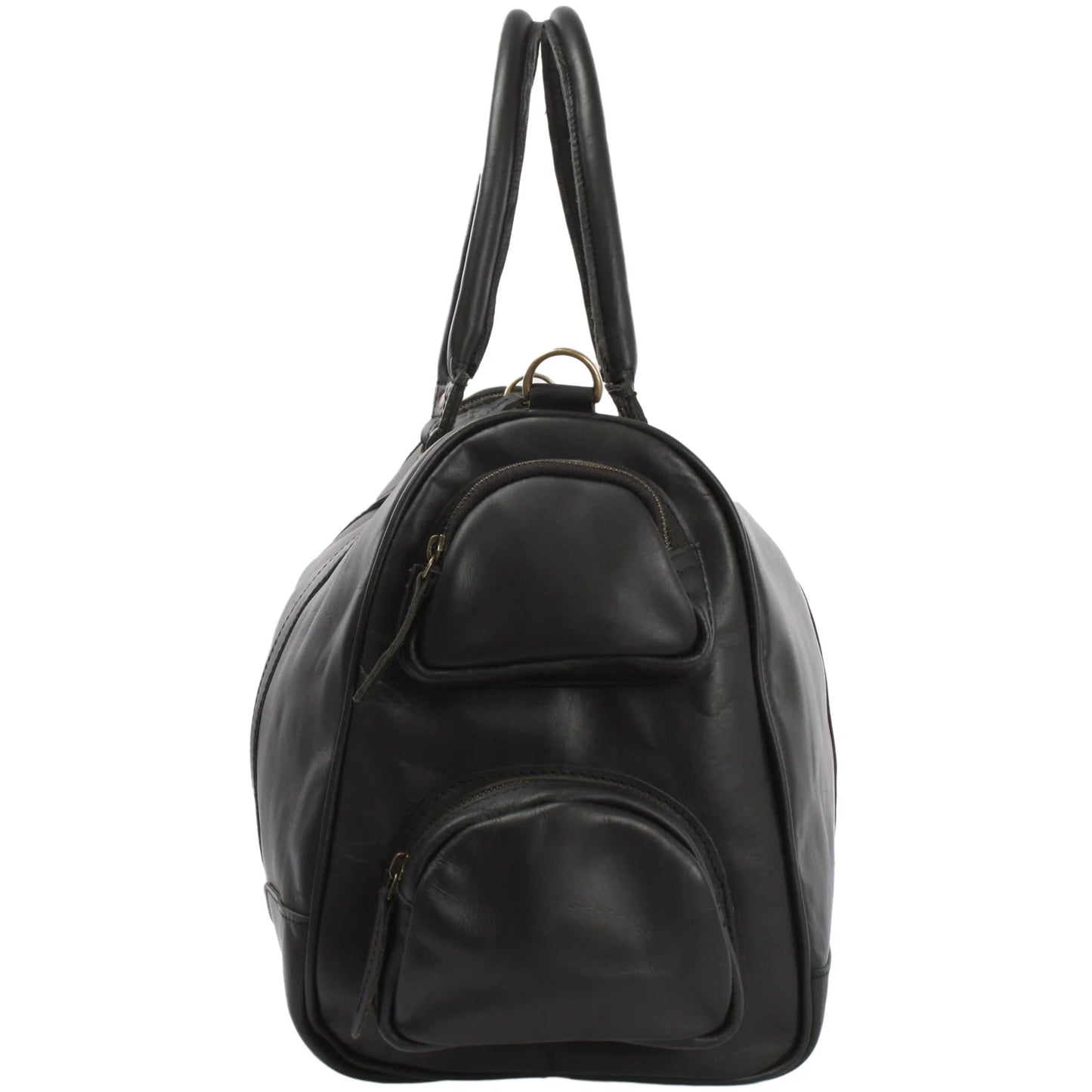 Black Heritage leather duffel, end view showing two zippered side pockets and strap attachment ring
