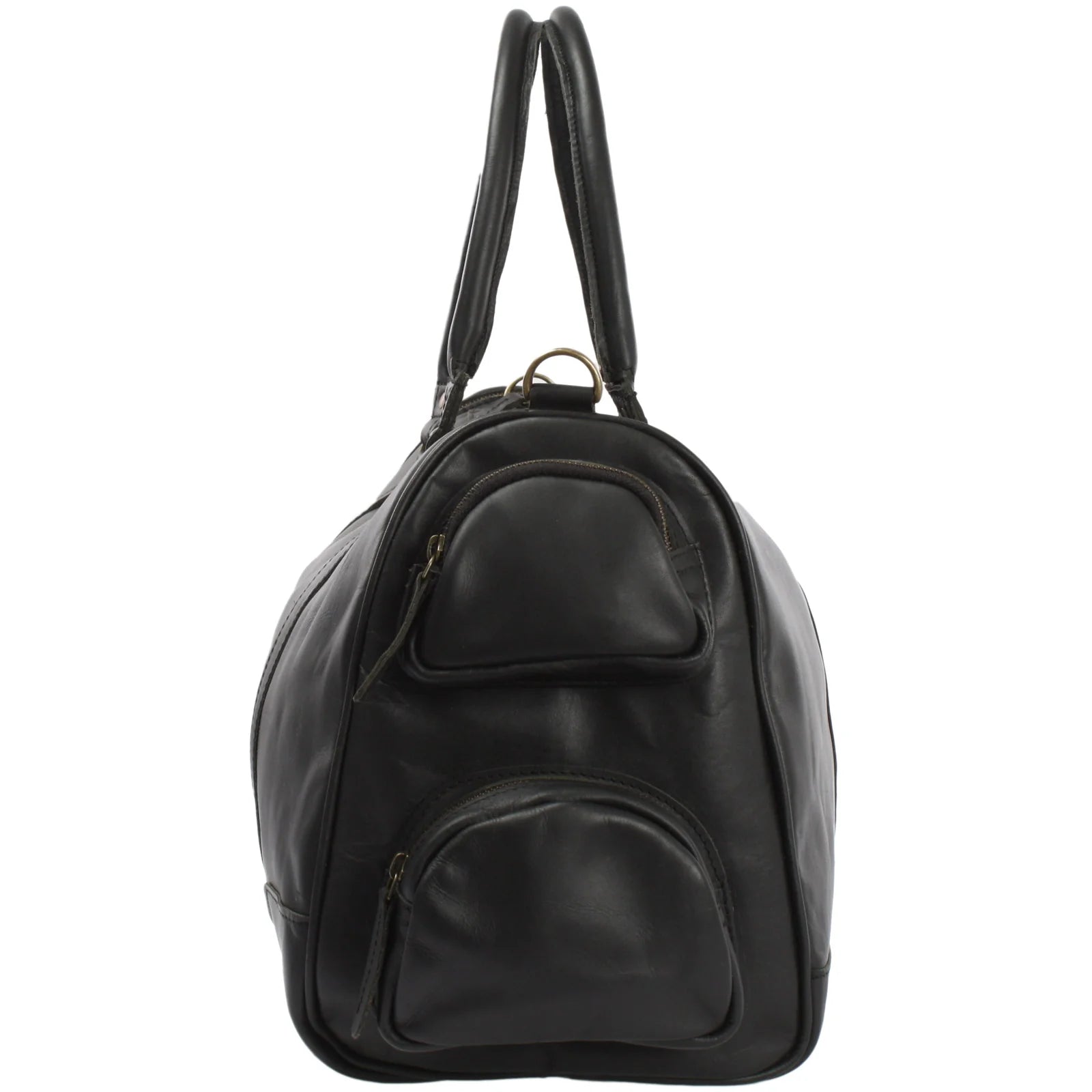 Black Heritage leather duffel, end view showing two zippered side pockets and strap attachment ring