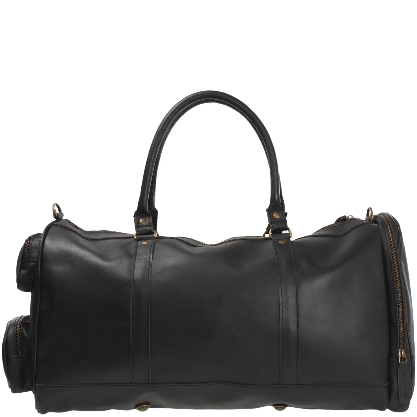 Black Heritage leather duffel, opposite side view with reinforced handles and full-length end zipper