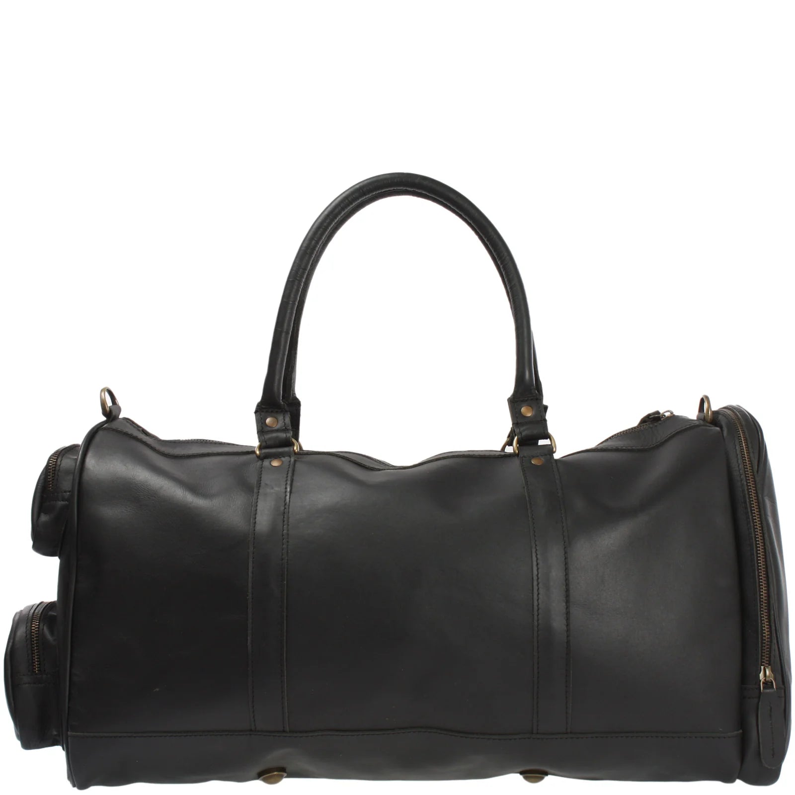 Black Heritage leather duffel, opposite side view with reinforced handles and full-length end zipper