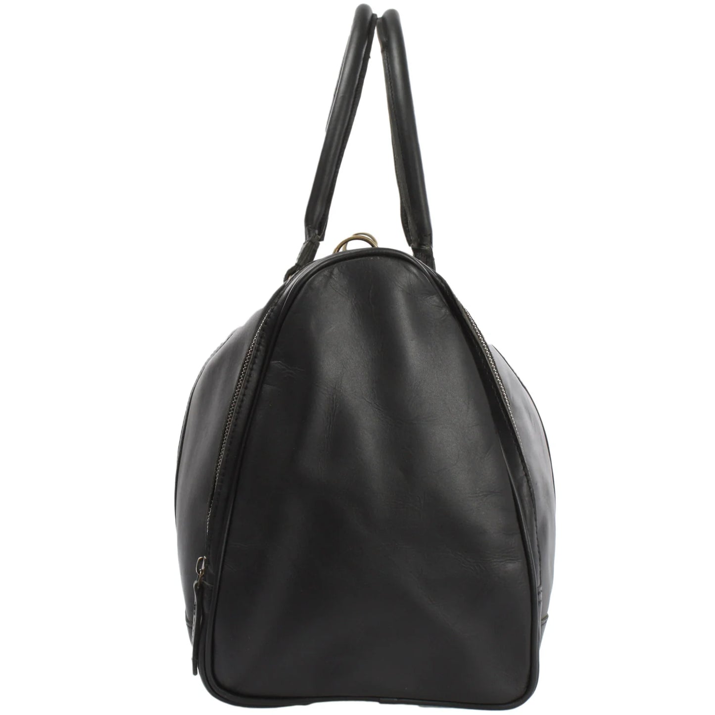 Black Heritage leather duffel, end view showing rounded profile and full-length side zipper