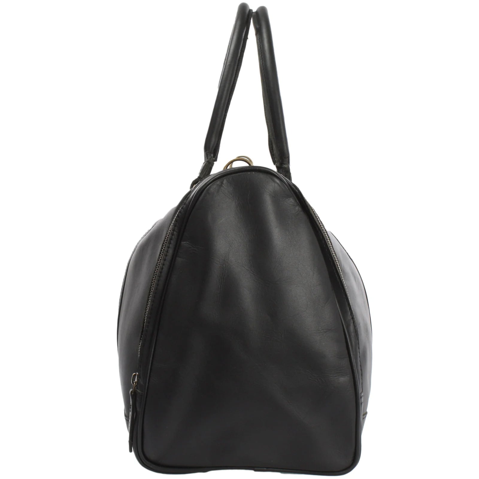 Black Heritage leather duffel, end view showing rounded profile and full-length side zipper