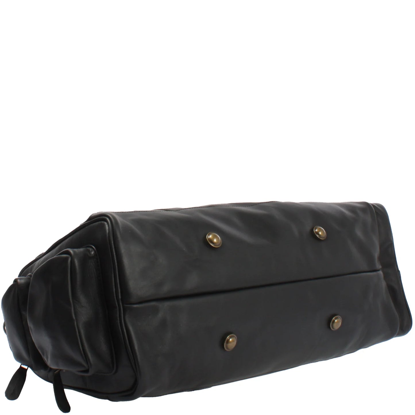 Black Heritage leather duffel, bottom view with reinforced base and four metal feet