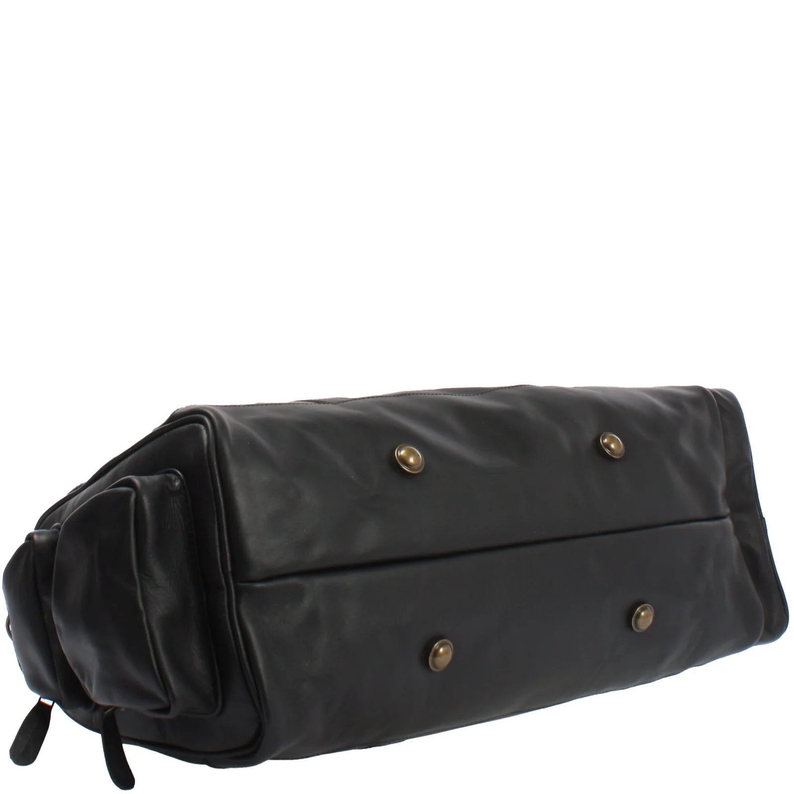 Black Heritage leather duffel, bottom view with reinforced base and four metal feet