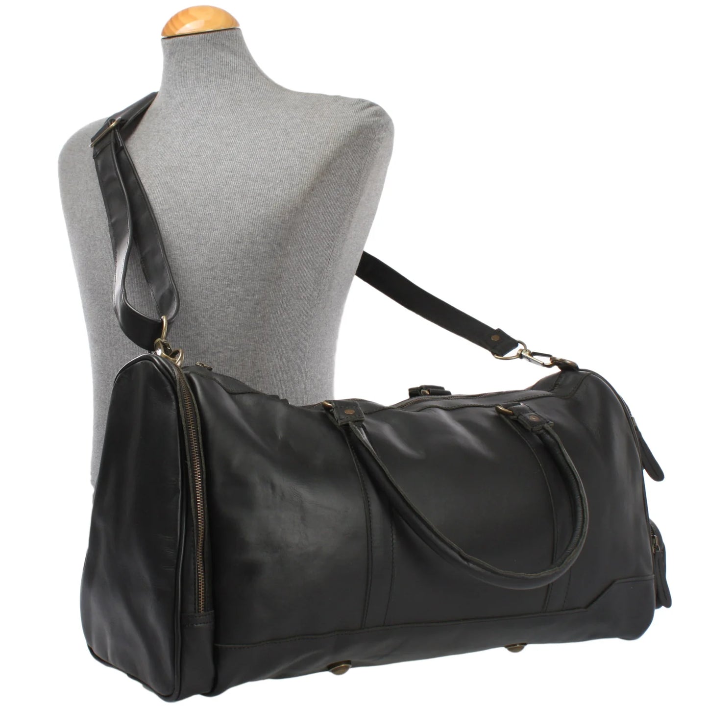 Black Heritage weekender duffel displayed on a mannequin with adjustable shoulder strap
