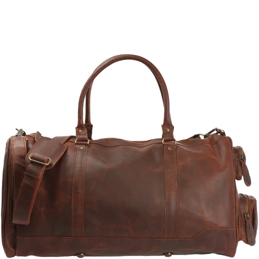 Brown Heritage full-grain leather weekender duffel, front view with top handles, side pockets, and shoulder strap