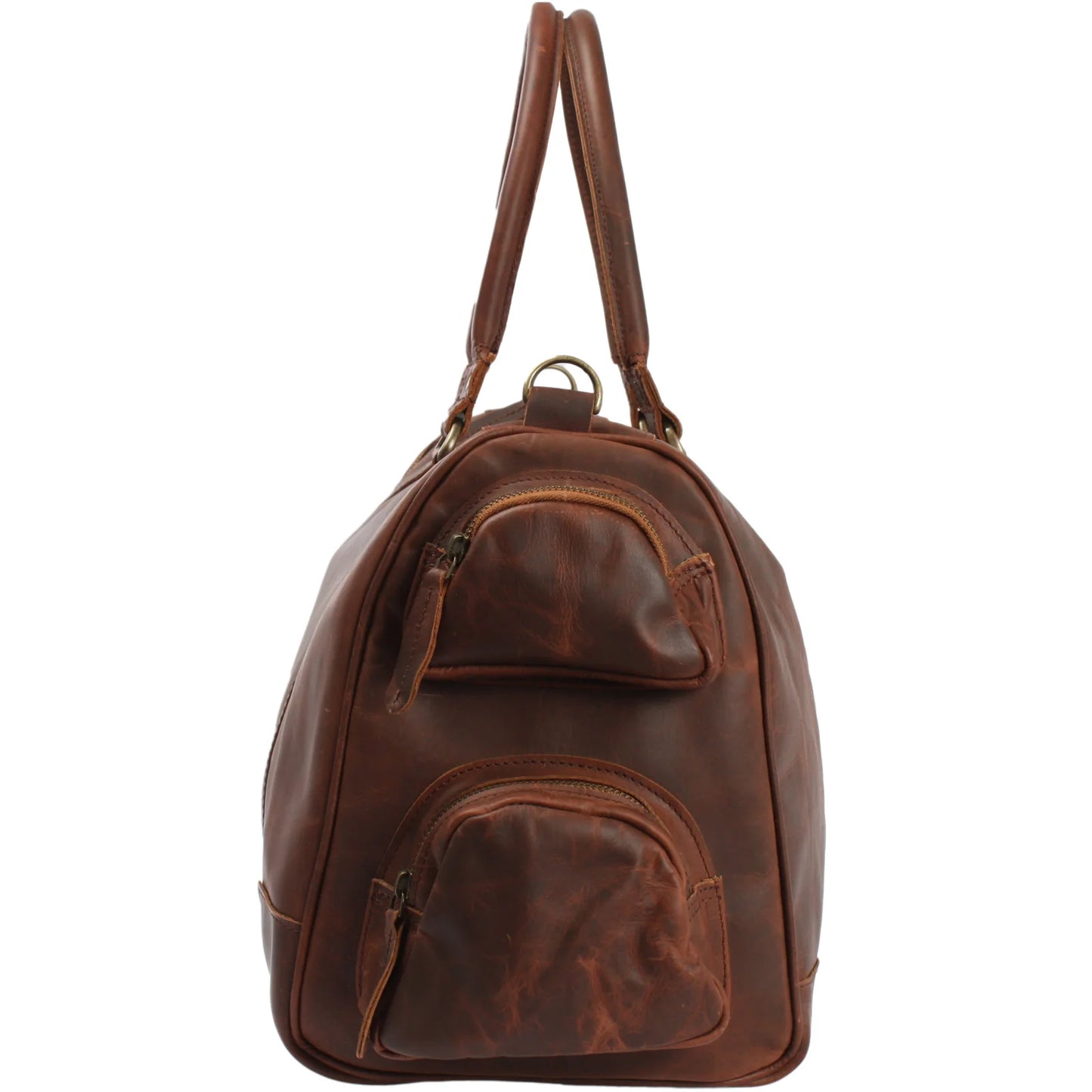 Brown Heritage leather duffel, end view showing two zippered side pockets and strap attachment ring