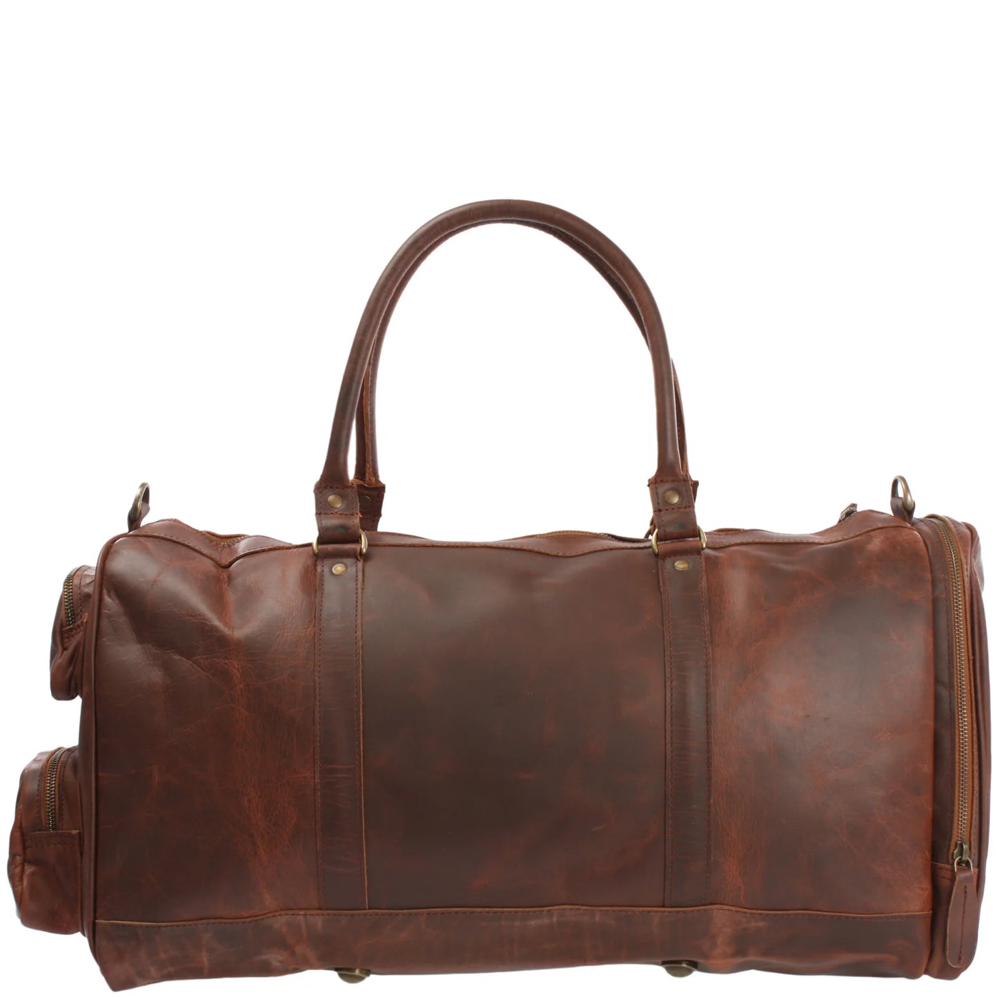 Brown Heritage leather duffel, opposite side view with reinforced handles and full-length end zipper