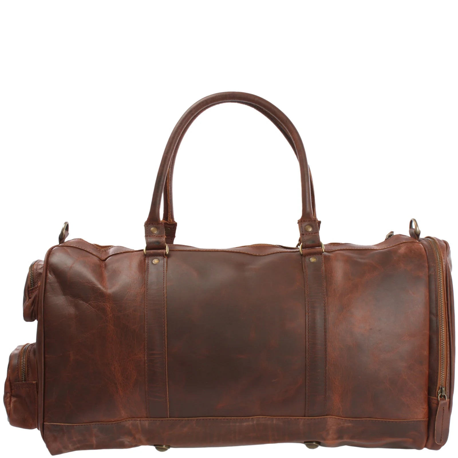 Brown Heritage leather duffel, opposite side view with reinforced handles and full-length end zipper